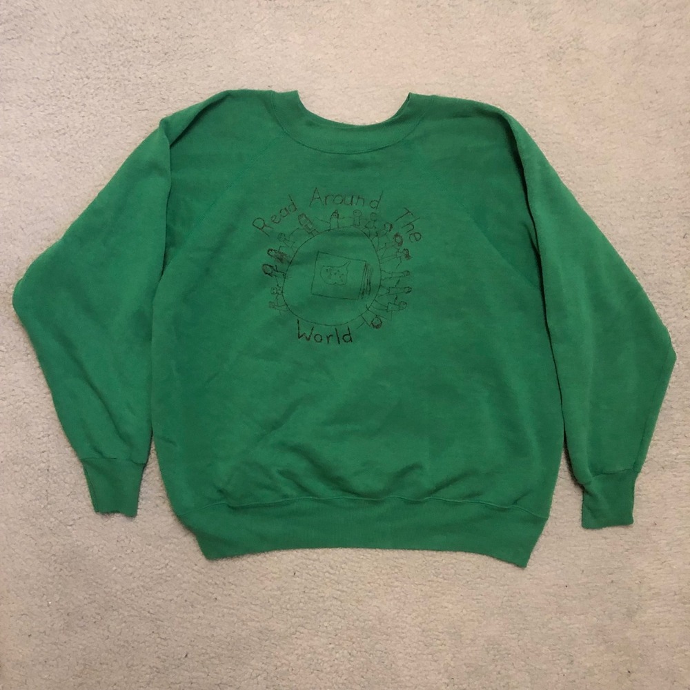 Vintage 80s Read Around The World Sweatshirt Green XL Made in USA Raglan Retro